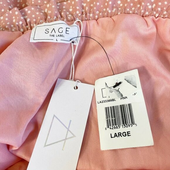 NEW Sage The Label Off Shoulder Mini Dress L Pink Polka Dot Ruffle Tiered Boho - Picture 9 of 12